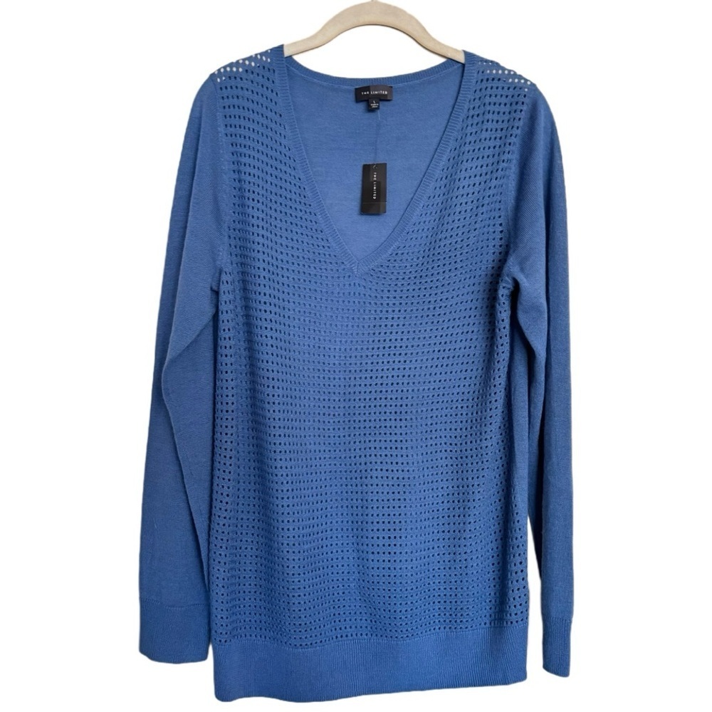 The Limited Lightweight Sweater Top Sz L Blue Merino Wool Open Weave V-Neck NWT